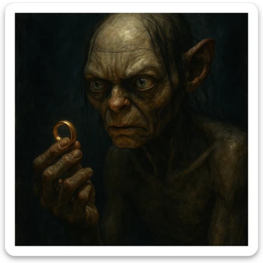 Gollum gazing at a ring in his hand, moody, fantasy character portrait sticker