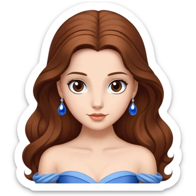 Cinematic Elegant Belle Portrait Emoji, rendered in a realistic, vector-style with minimal shading and bold, simplified shapes. Depict Belle (chest and above) with fair, luminous skin, deep brown expressive eyes, and long, flowing chestnut hair styled elegantly, wearing her classic blue ball gown. The image glows with a soft, warm radiance and high shine, capturing timeless refined beauty. sticker