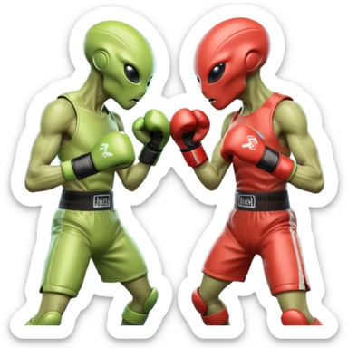 two aliens boxing in a fight stance, facing each other with raised gloves, dynamic action pose, intense expressions, sci-fi arena vibe, 3D cartoon style, mobile game icon style, clean background, no text, no watermark
 sticker