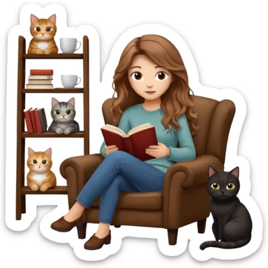scene of a woman with long light brown wavy hair and light brown eyes reading a book, sitting on a comfortable reading chair, two cats next to her (one black cat and one brown tabby cat), small table beside her with a cup of coffee, in a garden full of lavender flowers, cozy and peaceful atmosphere sticker
