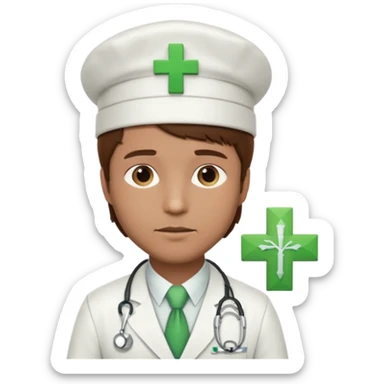 a doctor in white suit with a doctor hat with green cross brown hair man sticker