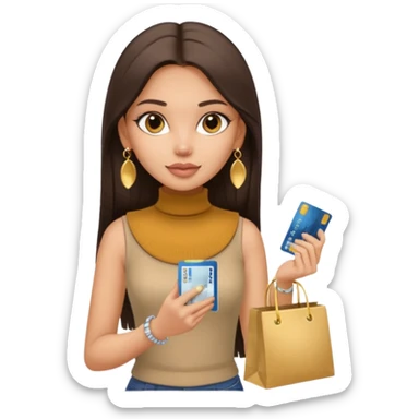 a pretty bratz fair indian girl wearing a beige sleeveless turtleneck, golden earrings, straight ling hair, holding bank cards, dark brown hair, carrying shopping bags sticker