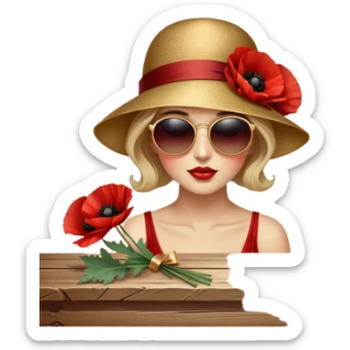 A lush bouquet of deep red poppies tied with a faded gold ribbon, resting on an antique wooden table. Warm brown leaves and golden sunlight add a vintage charm. sticker