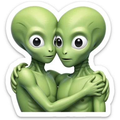 two realistic aliens embracing each other in a face to face hug sticker