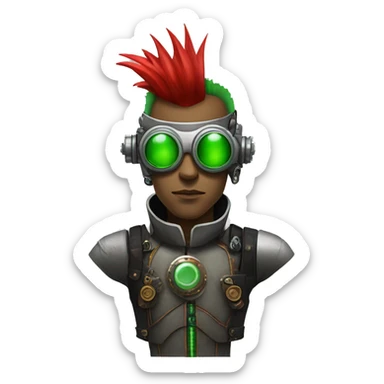 Male cyborg with thin red Mohawk and green steampunk goggles sticker