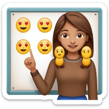 Make an emoji of a Indian origin but fair skinned girl with brown hair who is teaching how to make emojis on a board pointing to the board like a teacher sticker