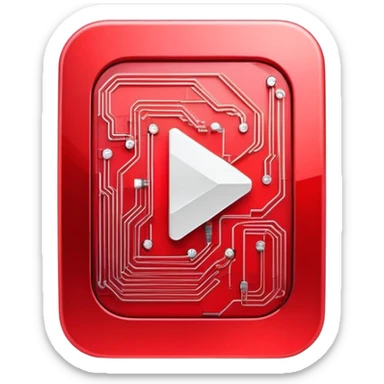 A modern icon combining YouTube's play button with circuit patterns, in red gradient, minimalist 3D style, perfect for app icon sticker