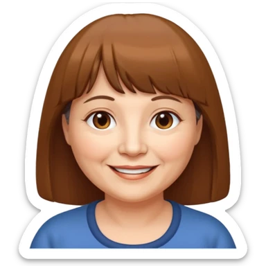 60 yr old woman, very small brown eyes, long straight brown hair, bangs, chubby sticker