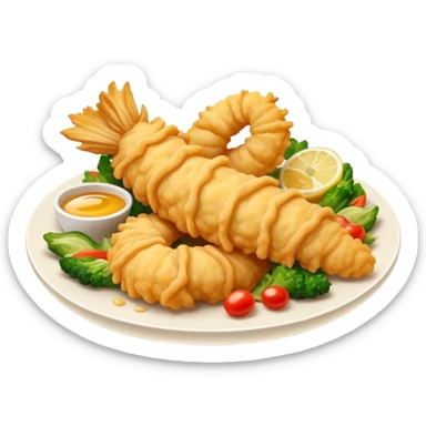 Cinematic Realistic Tempura Dish Emoji, depicted as lightly battered and fried seafood and vegetables rendered with delicate textures and crisp, inviting lighting. sticker