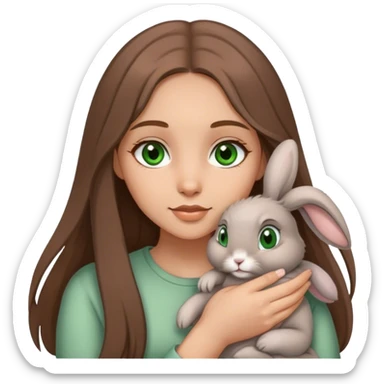 A grey, floppy eared bunny being held by a girl with long brown hair and green eyes. sticker