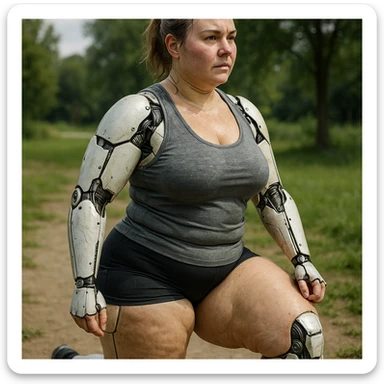 hyper realistic 4K gynoid woman training outdoors, fat on legs and thighs, realistic details, natural background sticker