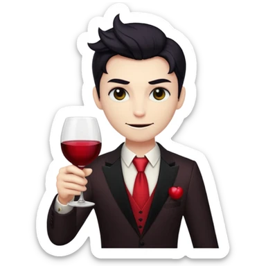 Lucifer from Hazbin Hotel as an apple-style emoji, holding a wine glass, looking sophisticated sticker