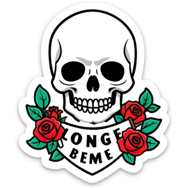 Traditional Americana tattoo art skull with bold outlines, red roses, and a banner sticker