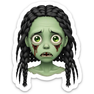 make a zombie with a droopy mouth girl with black knotless braids  sticker
