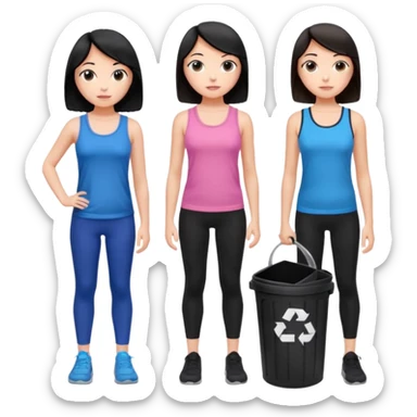 generate a genmoji of a black haired girl in a pink tank top and black leggings holding a black trash bag. Standing with her is a brunette girl in a similar blue tank top and black leggings.
Standing in front of a dustbin sticker