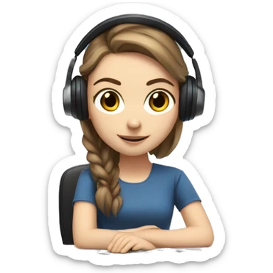 white girl at desk, brown hair, ponytail, blue eyes, computer, headphones sticker