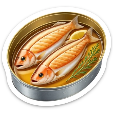 oval metal tin slightly open revealing firm light brown fish fillets packed in oil with soft sheen and visible grain shallow can with rolled edge typical of preserved fish packaging no fork herbs or label just opened tin and fish soft lighting subtle shadows emoji scale sticker