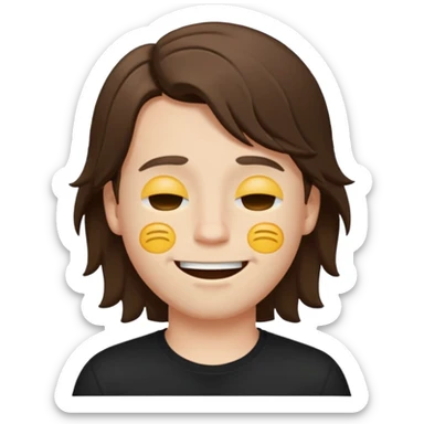 front emoji of a white boy with large brown hair, semi-closed eyes, wide open mouth, black shirt, simple emoji style, clear facial features sticker