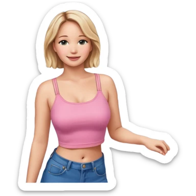 jennifer lawrence, pink crop top, and blue jeans, leaning on a balcony with a harbor and cityscape in the background, smiling sticker
