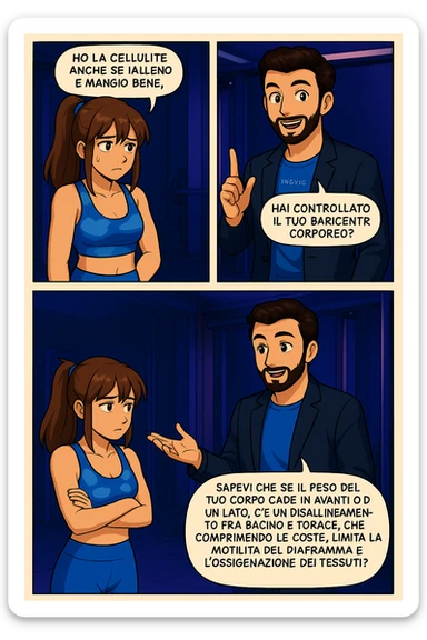 PRENDI SPUNTO DA QUESTO STILE FACENDO UN WEBTOON/MANGA:

LEI (DONNA): Ho la cellulite anche se mi alleno e mangio bene, cosa posso fare?

LUI (UOMO): Hai controllato il tuo baricentro corporeo?
LUI (UOMO): Sapevi che se il peso del tuo corpo cade in avanti o da un lato, c’è un disallineamento fra bacino e torace, che comprimendo le coste, limita la motilità del diaframma e l’ossigenazione dei tessuti?
LUI (UOMO): Il mio è il primo e unico percorso che lavora sugli inestetismi con un lavoro mirato sul baricentro corporeo. sticker
