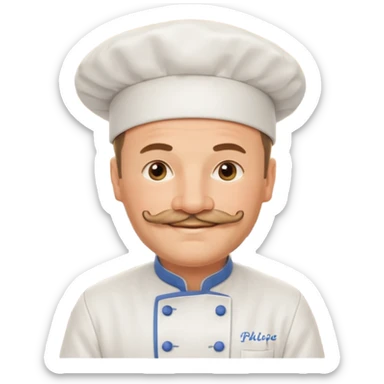Est-ce que tu peux me faire un chef cuistot qui ressemble à Philippe Etchebest et qui est devant un restaurant? Est-ce que tu peux le faire souriant, avec une moustache de cuistot? 
 sticker