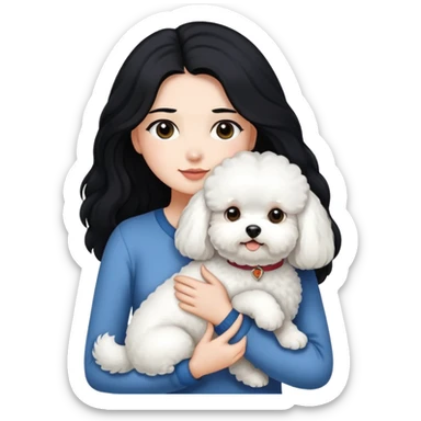 woman with long black hair holding white fluffy Bichon Frise dog sticker
