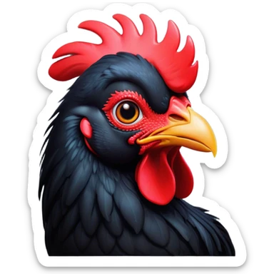 Cinematic Cute Black Rooster Portrait Emoji, Head tilted playfully and inquisitively, featuring a glossy, immaculate black plumage with a vibrant red comb, round, sparkling eyes filled with curiosity, Simplified yet irresistibly adorable features, highly detailed, glowing with a warm, friendly glow, high shine, affectionate and spirited, stylized with a touch of farmyard whimsy, bright and endearing, soft glowing outline, capturing the essence of a mischievous yet loving rooster, so playful it feels like it could strut out of the screen and into your arms! sticker