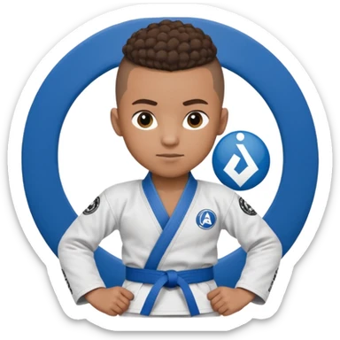 Mixed race boy BJJ instructor with pony tail afro hair and shaved bald sides haircut, Make the hair brown and the belt blue. Add the roger Gracie academy logo on the go also and the p logo of progress jiu jitsu on the right arm sleeve  at the top sticker