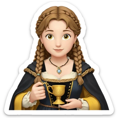 Helga Hufflepuff, light blue eyes, brown-haired, two braids, yellow-black medieval dress, black cloak decorated with gold braiding, tiny gold cup with two handles, very kind smile, half-turned in profile, curvy busty sweet woman, macromastia, thick round rosy cheeks, full length with medieval shoes sticker