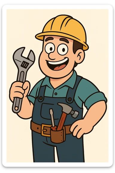 cartoon style engineer smiling with tools, vibrant colors, light background sticker
