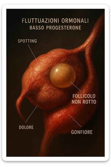 realistic and cinematic illustration of an ovary with an unruptured follicle, low progesterone, hormonal fluctuations, symptoms of spotting, pain and swelling, clinical details, captions in Italian sticker