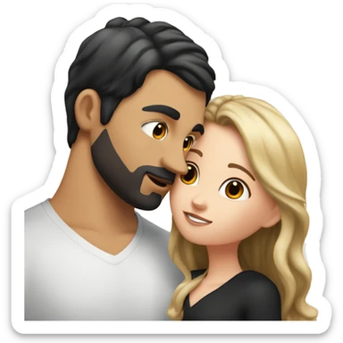 A white girl with a black hair square kisses a tall white guy with brown hair. There are peaches all around sticker