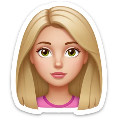 Long hair straight Brunette with blonde highlights in her hair and hazel green eyes  slightly tanned white girl with pink peach lips and rosy red cheeks with a few freckles sticker