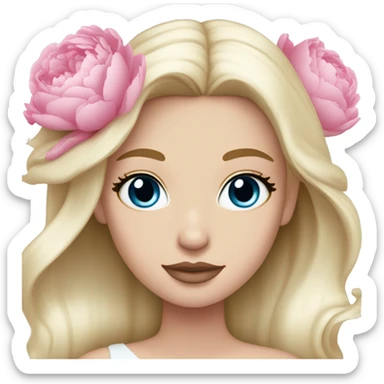 White bride with long light blonde hair and blue eyes with light pink peonies in hair white skin light pink lips sticker
