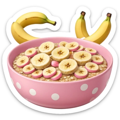banana baked oats in a bowl like oat meal with a couple banana slices on top that look a little bit caramelised and a light pink bowl with white polka dots sticker