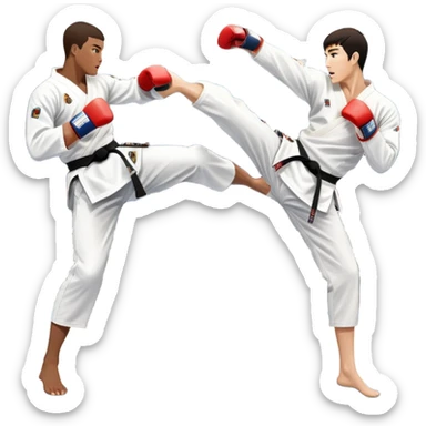 Two taekwondo fighters in traditional white doboks with black belts. One delivers a powerful kick, while the other defends by blocking with his knee. The background shows a professional arena with bright lights and an excited crowd. Transparent background highlights the intense action sticker