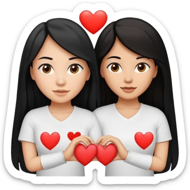 Dos mujeres juntas que una sea de color trigueña y de color blanca, cabello largo negro sea la de piel blanca y la de piel trigueña cabello castaño raya en medio, tengan polo blanco, que haga  una con su mano formando un corazon sticker
