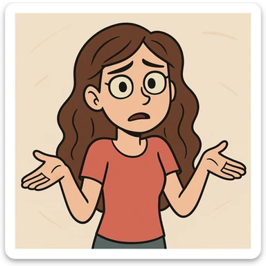 cartoon girl with long brown wavy hair, green eyes, shrugging, slightly confused expression, upper body, simple background sticker