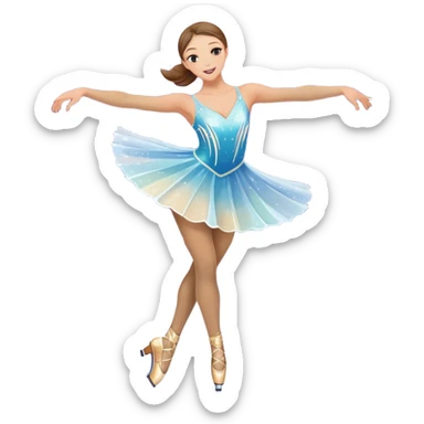 An icon featuring a graceful figure skater performing a spin on a sparkling ice rink. The scene includes a shimmering rink, colorful spotlights, snowflakes gently falling from the sky, and an audience in the stands, with a snowy landscape visible through large windows. Transparent background. sticker