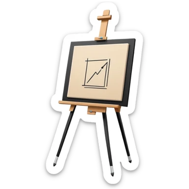Minimalistic flat vector icon, iOS style, thin black contour on white background. Easel holding a canvas with simple sketch lines, pencil beside it. No text, no shadows sticker