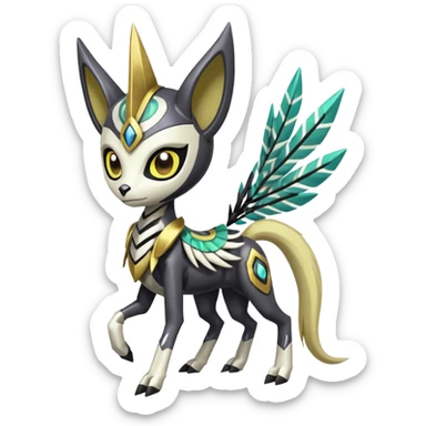 Arrow-patterned chevron-marked Cute Big-eyed anime-styled Colorful Shiny Tribal Skeletal masked armored Meloetta-Silvally-Solgaleo-Raikou-Pokémon-Digimon-Fakémon-fusion-hybrid-creature, full body sticker