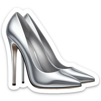 A pair of high heel shoes emoji made of polished silver chrome, elegant sharp silhouette, smooth metallic surface, glossy reflections, luxury sexy vibe, minimalistic iOS emoji style, centered, clean white background sticker