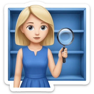 white empty shelf in perspective view with a standing woman nearby, she is looking at the shelfs with a magnifying glass, she is turned to the shelfs, woman wearing a blue dress sticker