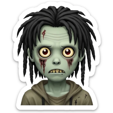 zombie boy with black dreads, medium length, emo style, shaggy, dark, creepy and spooky face, iOS emoji style sticker