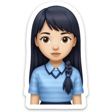 hair : black long hair with fringe 
skin : light 
cloth : light blue stripe shirt + navy long long school girl skirt



 sticker