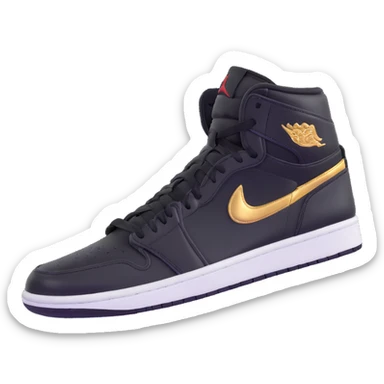 Jordan 1 sneaker, shiny black material with a metallic gold swoosh sticker