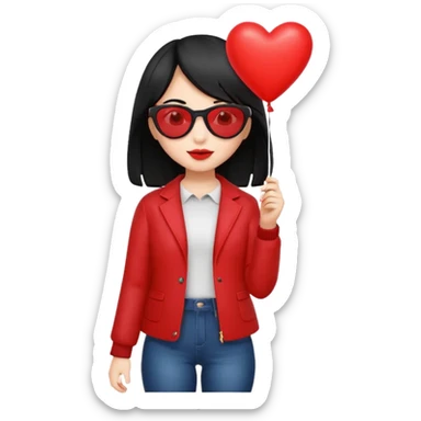 black hair girl with sun glasses holding red heart balloon sticker
