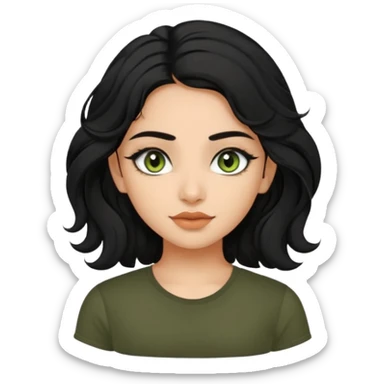 a pretty FAIR indian bratz girl with wavy black hair, wearing a black tee. eyeliner on, olive green eyes.  sticker