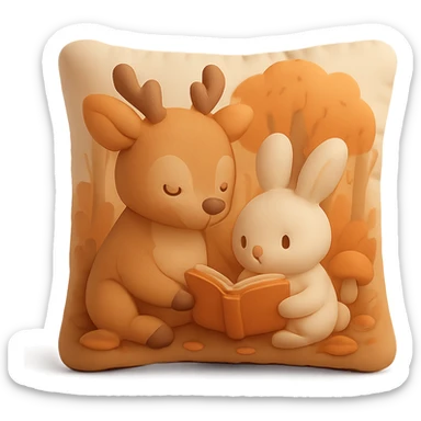 cute deer and bunny reading together in a soft autumn forest scene, cushion style sticker