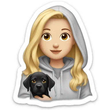 A blonde girl with smooth hair and a ray in the middle of his hair, she has light skin a few freckles, and she wear a hoodies and she Carries in his arms a baby black labrador dog  sticker